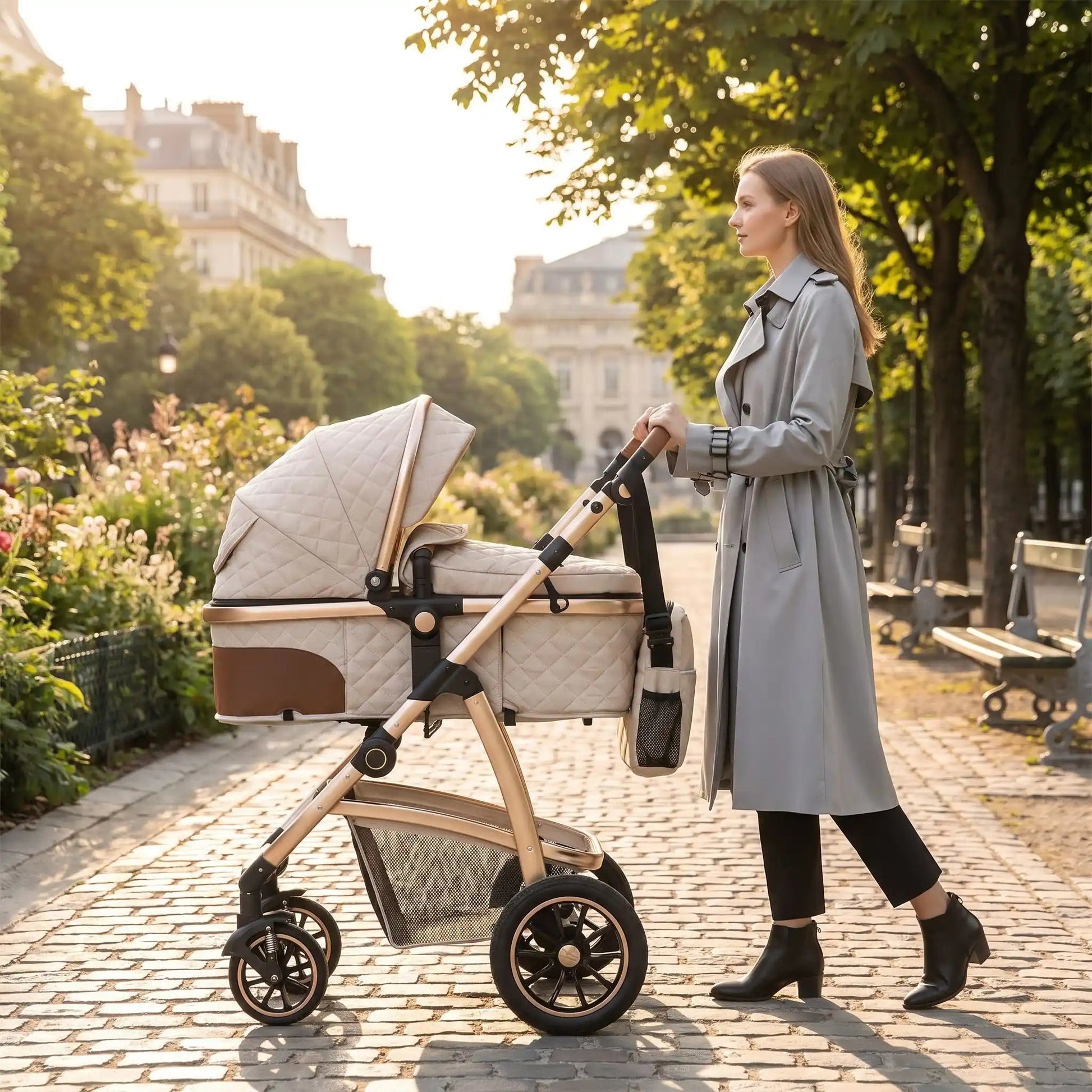 maman avec bébé poussette 3 en 1
