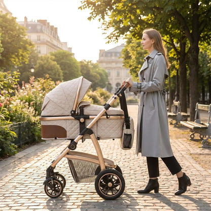 maman avec bébé poussette 3 en 1