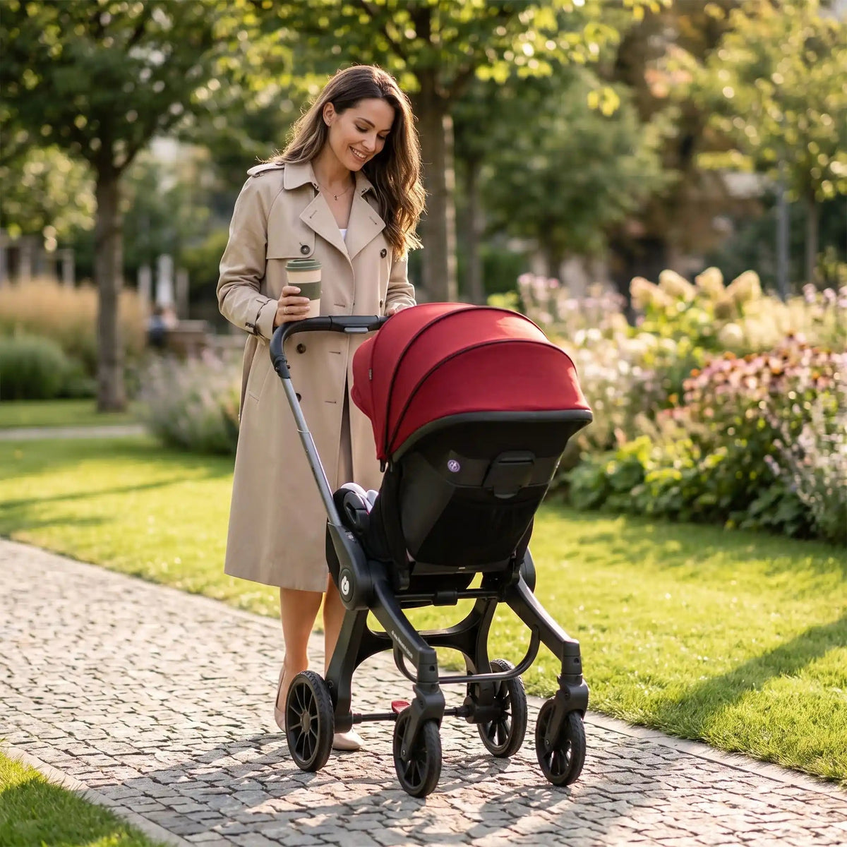 maman cafe en main poussant bébé dans poussette bébé
